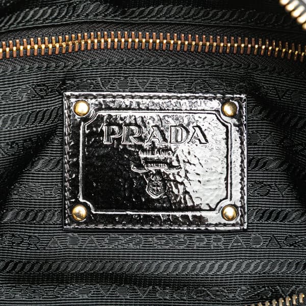 Pre-owned Prada Vernice Trimmed Tessuto Boston Bag Black
