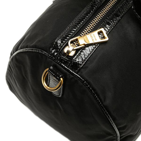 Pre-owned Prada Vernice Trimmed Tessuto Boston Bag Black