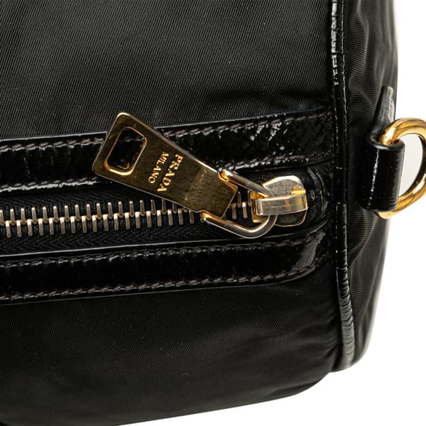 Pre-owned Prada Vernice Trimmed Tessuto Boston Bag Black