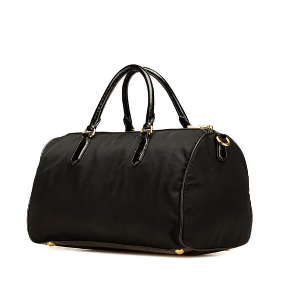 Pre-owned Prada Vernice Trimmed Tessuto Boston Bag Black