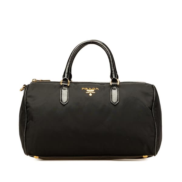 Pre-owned Prada Vernice Trimmed Tessuto Boston Bag Black