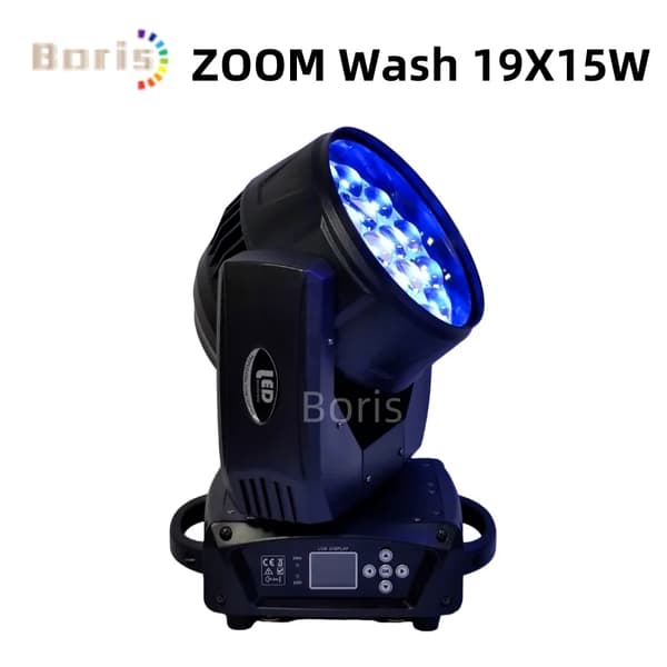 LED Moving Head Light, 19X15W RGBW Kilde, Justerbar Fokus,2 Lygter