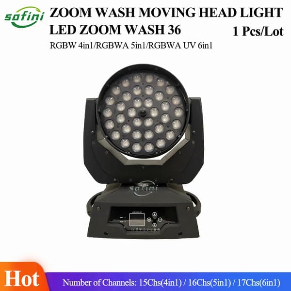LED Wash Zoom Rörligt Huvudljus, 36x18W RGBWA+UV, DMX Kontroll,1 Ljus, RGBWAUV 6in1