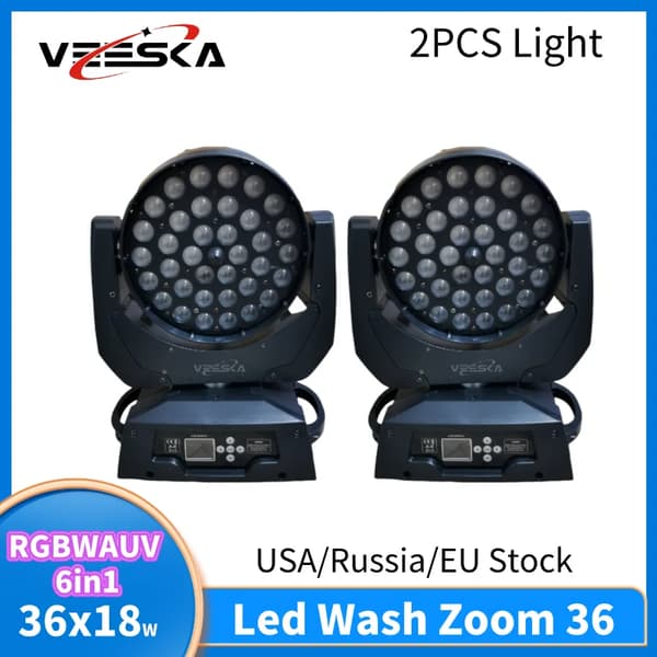 LED Moving Head Wash Light, 36x18W RGBWAUV, DMX Kontrol,2 Lys, 6 i 1