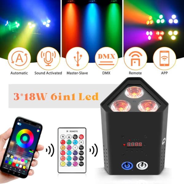 Fieryzeal Par Light, 3PCS 10W 6-i-1 LED'er, 16,7 millioner farver,EU Stik 2PCS