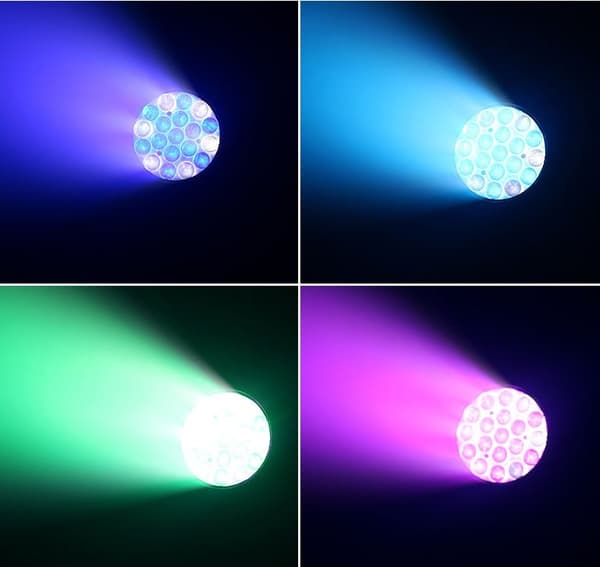 Bevægelseslys, 19x15W RGBW LED'er, 16 graders strålevinkel, DMX kontrol
