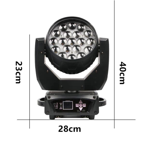 Bevægelseslys, 19x15W RGBW LED'er, 16 graders strålevinkel, DMX kontrol