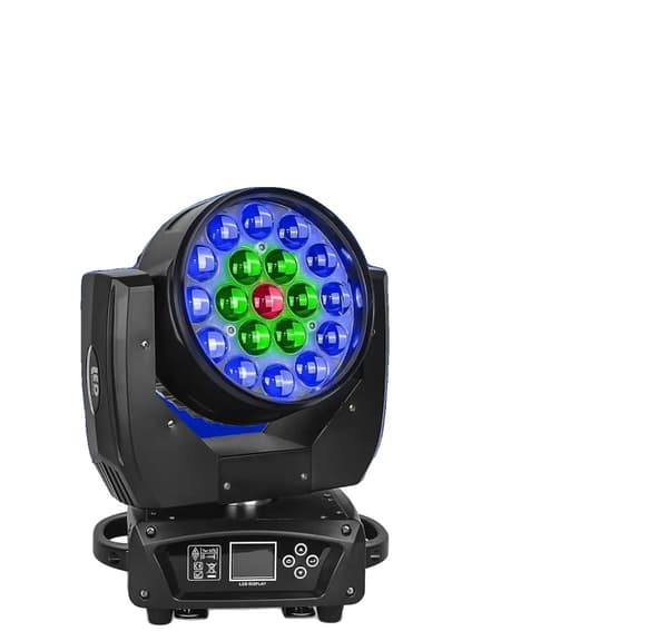 Bevægelseslys, 19x15W RGBW LED'er, 16 graders strålevinkel, DMX kontrol