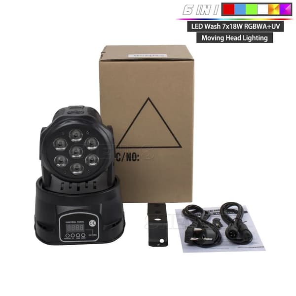 LED Moving Head Light, 7x18W RGBWAUV, DMX Kontrol,EU-stik, 7x18W RGBWAUV