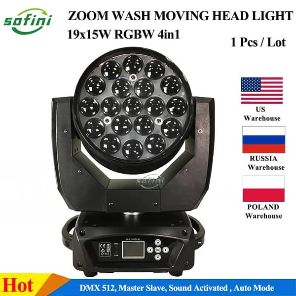 Bevægelseshoved LED Wash Light, 19x15W RGBW, DMX Kontrol,1 Lys