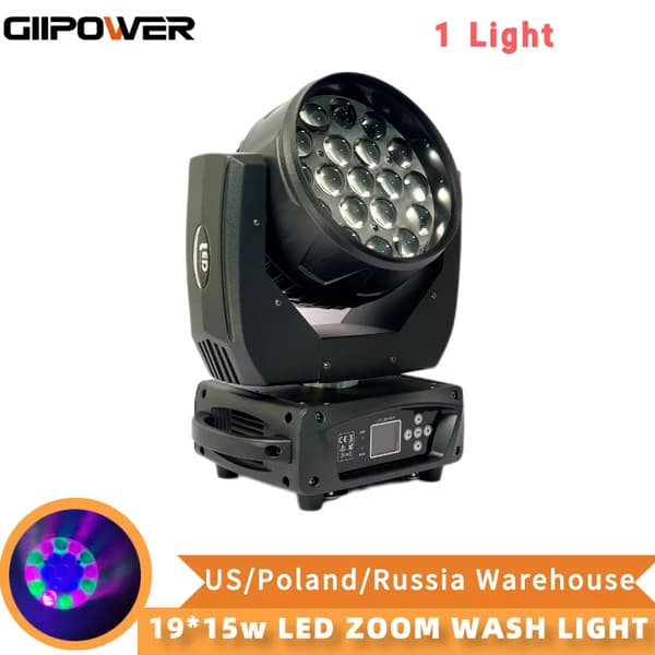 LED Wash Moving Head-lampa, 19X15W RGBW-källa, 6°-50° zoomvinkel,1 ljus