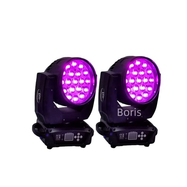 LED Moving Head Light, 19X15W RGBW Kilde, Justerbar Fokus,2 Lygter