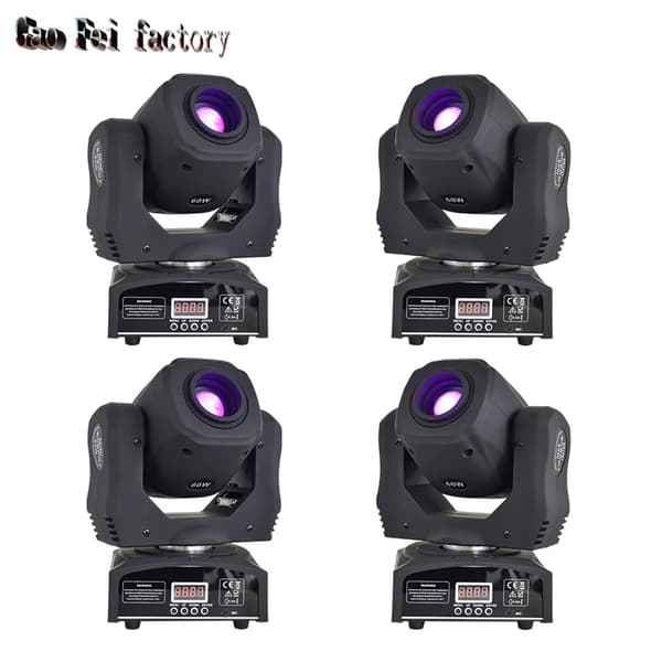 Mini LED Moving Head Spot Light, 60W Effekt, 7 Farver + 8 Gobos,DJ 60W 4stk, EU-stik
