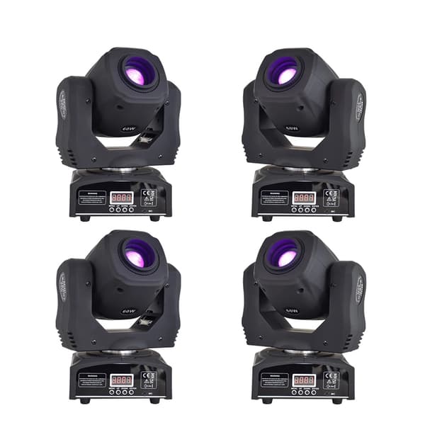 Mini LED Moving Head Spot Light, 60W Effekt, 7 Farver + 8 Gobos,DJ 60W 4stk, EU-stik