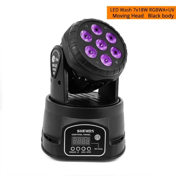 LED Moving Head Lys, RGBWPA 6i1, DMX Vaskelys, LED Wash 7x18W, EU-stik