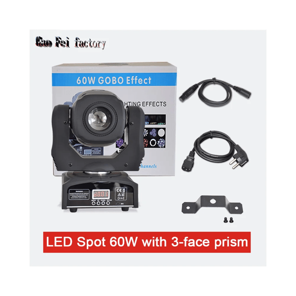 LED Moving Head Lys, 60W Effekt, DMX Kontrol med 3-Face Prisme,EU Stik, LED 60W 3 FaceLED 60W 3 Sider