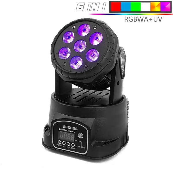 Bevægelseslys LED, 7x18W RGBWA+UV, DMX kontrolkanaler 10/15, mekanisk dæmper 0-100%,EU Stik, Bevægelses hoved RGBWA UV
