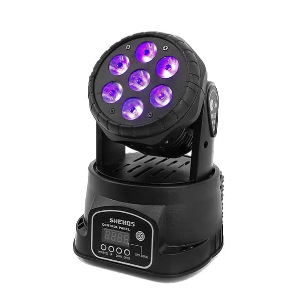 Bevægelseslys LED, 7x18W RGBWA+UV, DMX kontrolkanaler 10/15, mekanisk dæmper 0-100%,EU Stik, Bevægelses hoved RGBWA UV