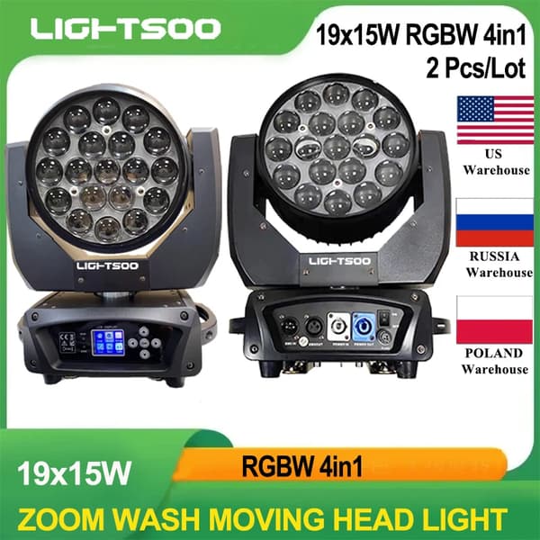 LED Moving Head Light, 19x15W RGBW, Zoom Strålevinkel 8-60 grader, 540 graders panorering,2 Lyskilder