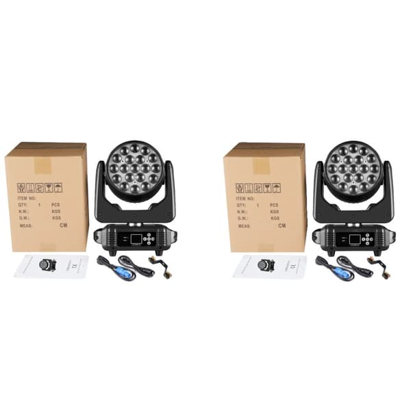 Bevægelseslys, 19x15W RGBW, DMX-kontrol, lydaktiveret,2PCS Lys, Eu stik