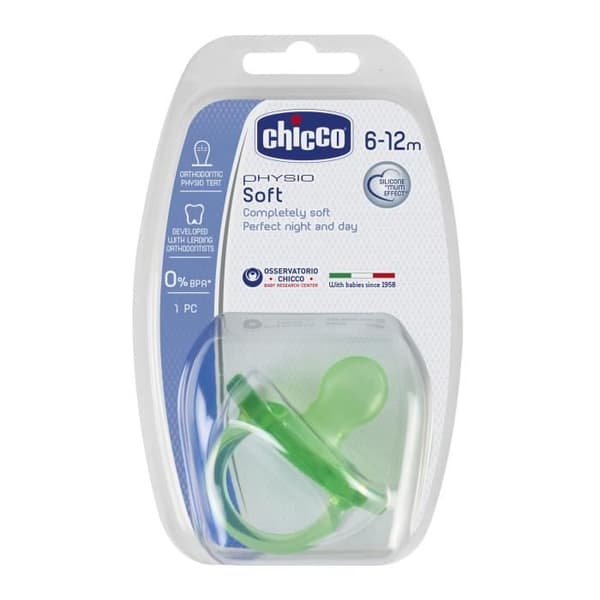 CHICCO Physio Soft "all silikon" napp - Random grön eller lila - 6-12m - Blister