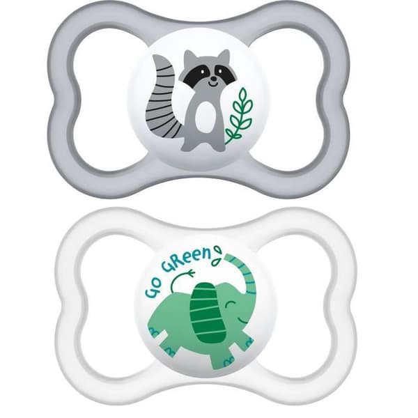 MAM Supreme Fysiologiska napp +6m Racoon Elephant Set om 2 + steriliseringslåda