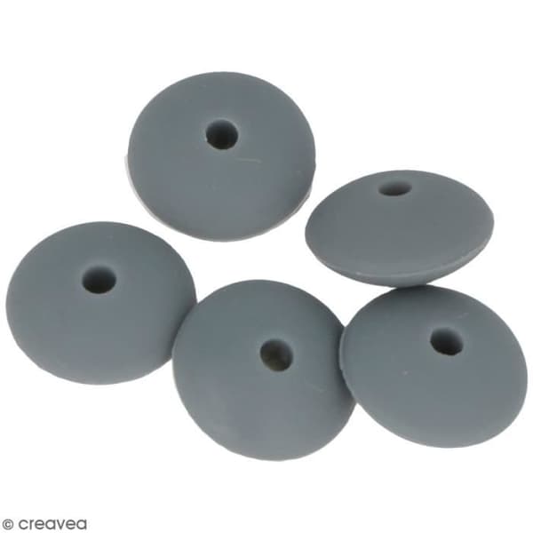 Set med platta silikonpärlor - 12 x 7 mm - Grå - 5 st