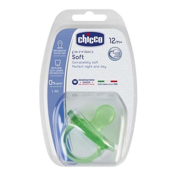 CHICCO Physio Soft "all silikon" napp - Random grön eller lila - 12m+ - Blister