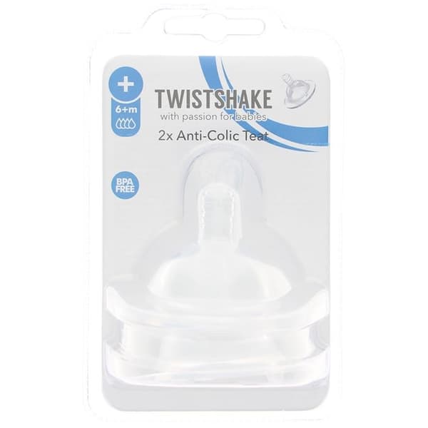 Twistshake Anti-kolik-napp - Baby - 2 st (stor storlek) - Napp på nappflaska - Bröstliknande struktur - Mjuk BPA-fri - 6m+