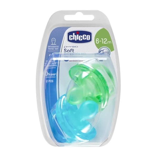 CHICCO Physio Soft "all silikon" nappar - x2 - Blå & grön - 6-12m - Blister