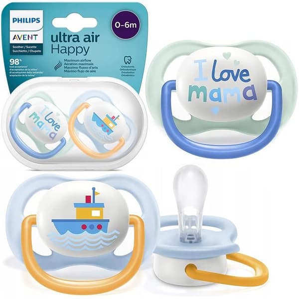 Symmetrisk Ultra Air Napp +0m Love Mama Blue - PHILIPS AVENT - Set om 2 - Fysiologisk (Tillplattad spets)