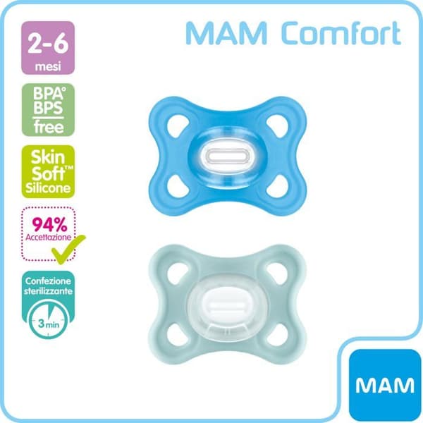 Mam Comfort Napp i ett set om 2, 100% silikon, med napphållare, 2 till 6 månader, ljusblå