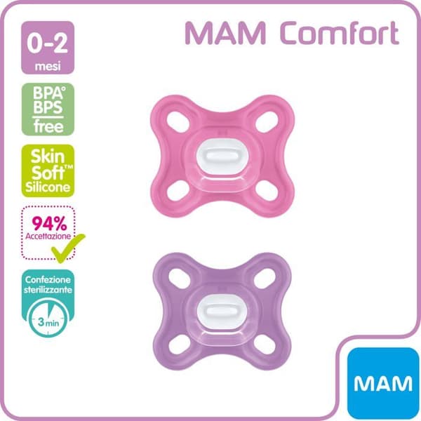 Mam Comfort Napp i set om 2 - 100 % silikon - Idealisk för nyfödda - Napphållarskydd - 0-2 månader - Rosa och lila