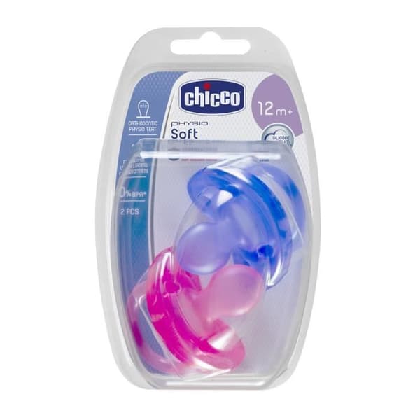 CHICCO Physio Soft "all silikon" nappar - x2 - Rosa &amp; lila - 12m+ - Blister