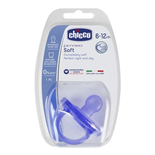 CHICCO Physio Soft "all silikon" napp - Random grön eller lila - 6-12m - Blister