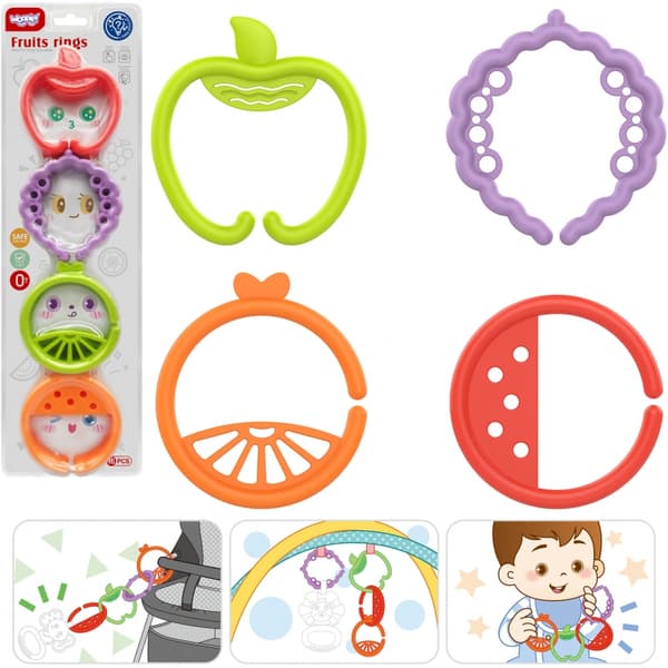 WOOPIE BABY Sensoriska Bitringar för Bebisar – Hängsmycken med Frukter, 4-pack