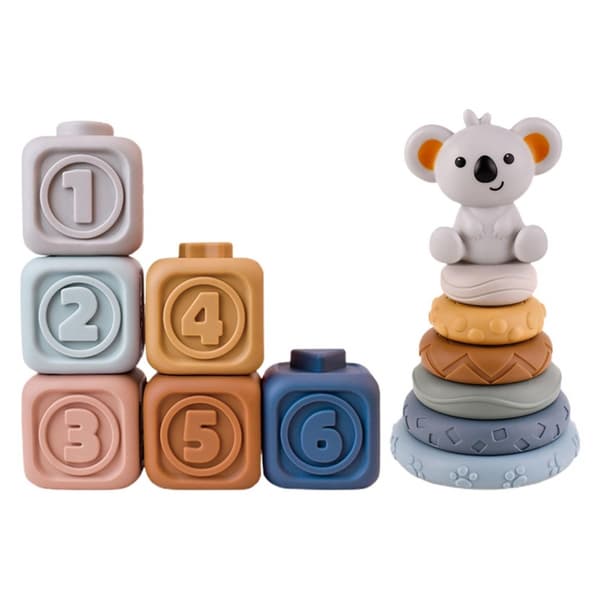 WOOPIE BABY Pedagogiskt Set – Pyramid & Sensoriska Byggklossar 2-i-1 Bitring med Siffror