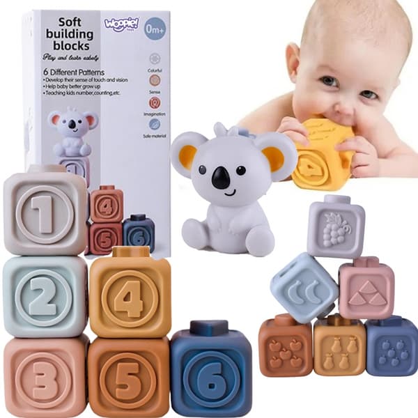 WOOPIE BABY Pedagogiskt Set – Pyramid & Sensoriska Byggklossar 2-i-1 Bitring med Siffror