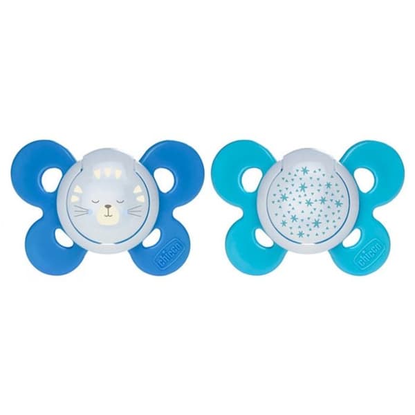 -Chicco Physio Comfort Night 2 silikonnappar 16-36 månader (modell: Blue Kitten and Blue Stars)