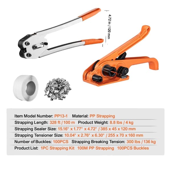 Pallepakke Strapping Kit, Manuel Spændeværktøj, 100 meter Strapping, Spænder,100M