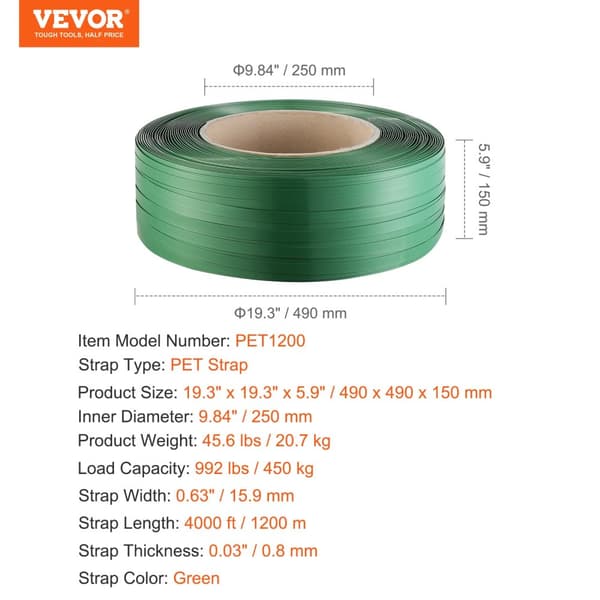 Pakke PET Strapping Rulle, Høj Belastningskapacitet 992 lbs, 4000 ft Længde,4000 fod