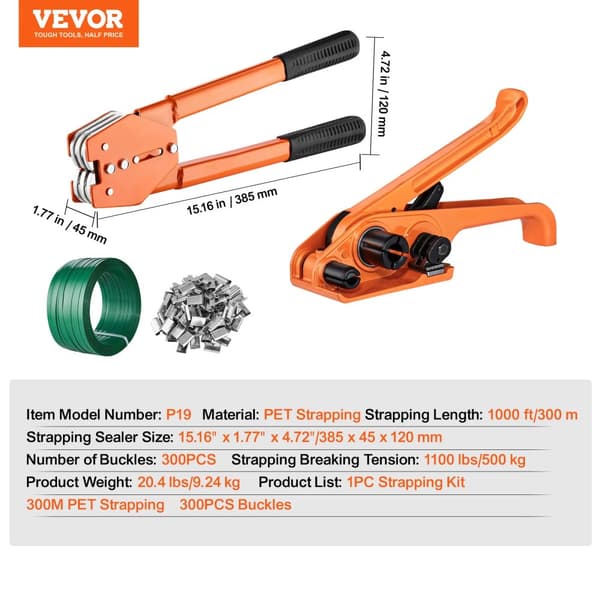 Manuel Strapping Kit, 1000 ft PET Strapping, 300 Spænder, 1100 lbs Brudspænding,1000ft Bånd