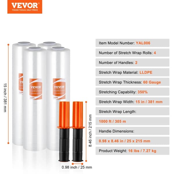 Stretchfilm, 15 tum bred, 4 rullar, 1200 fot lång,15tum 1000fot 4pack