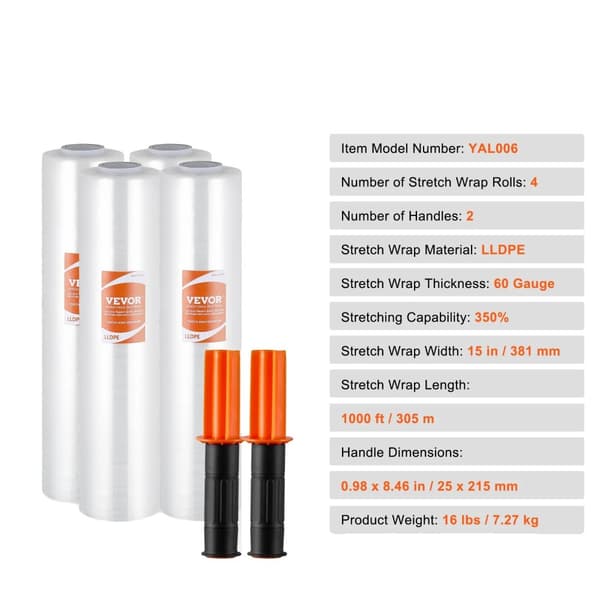 Stretchfilm, 15 tum bred, 4 rullar, 1200 fot lång,15tum 1000fot 4pack