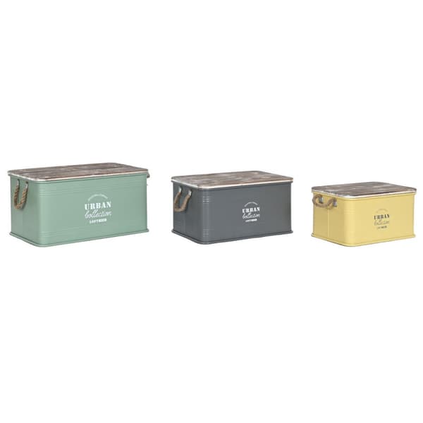 Kiste Home ESPRIT Gul Grøn Grå Mørkebrun Mint Metal Paulonia træ Vintage 60 x 38 x 32,5 cm 60 X 38 X 33 cm (3 enheder)