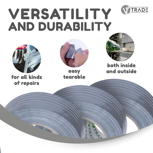 V1 Trade vandtæt selvklæbende tape 48 mm x 50 m - 2 x sølvklæbende tape - stoftape - meget kraftig klæbende tape