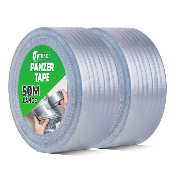 V1 Trade vandtæt selvklæbende tape 48 mm x 50 m - 2 x sølvklæbende tape - stoftape - meget kraftig klæbende tape