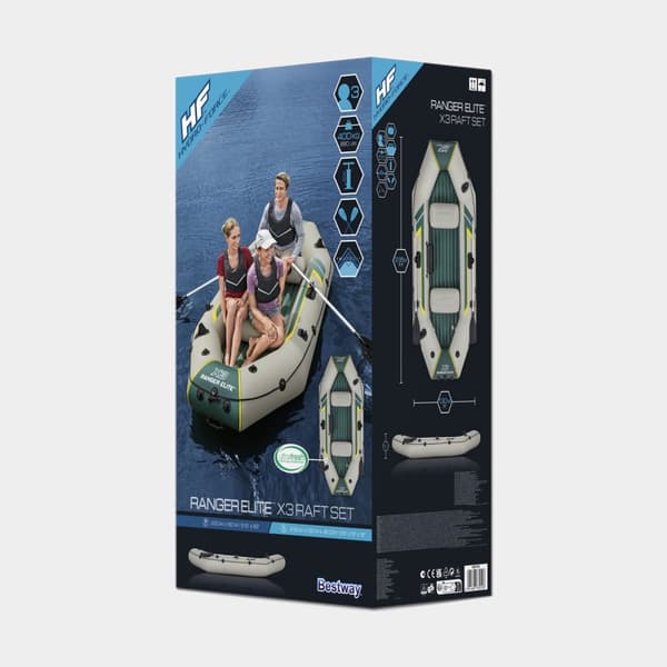Gummibåt Bestway Hydro Force Ranger Elite X3, 2.95 x 1.30 meter, grå/grön + åror + handpump + transportväska + förvaringsväska + lagningslapp