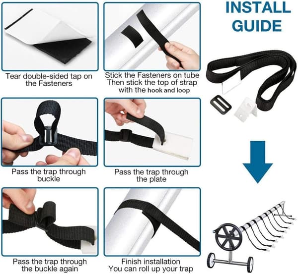 Pool Solar Reel Attachment Kit, Solar Reel Straps Solar Filt Straps Kit, inklusive 8 fällor och fästelement, 8 sladdplattor, 8 spännen