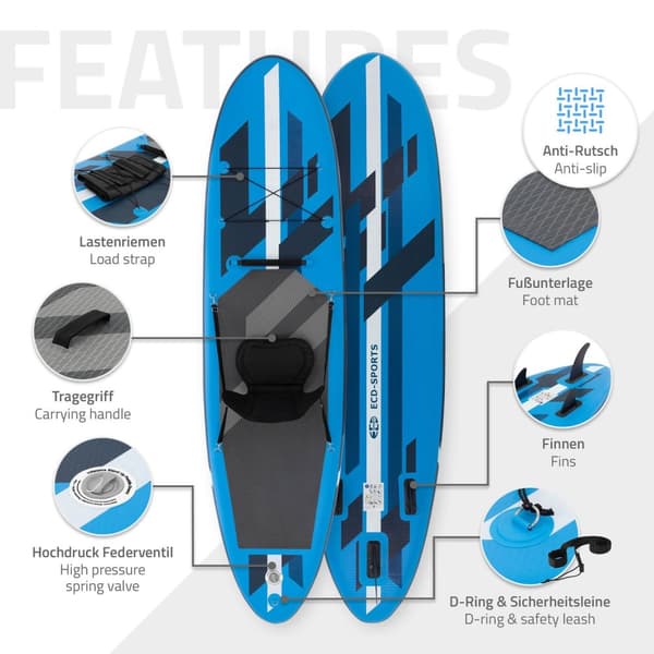 Ilmatäytteinen Stand Up Paddle Board, jossa on kajakin istuin, 305 x 78 x 15 cm, sininen